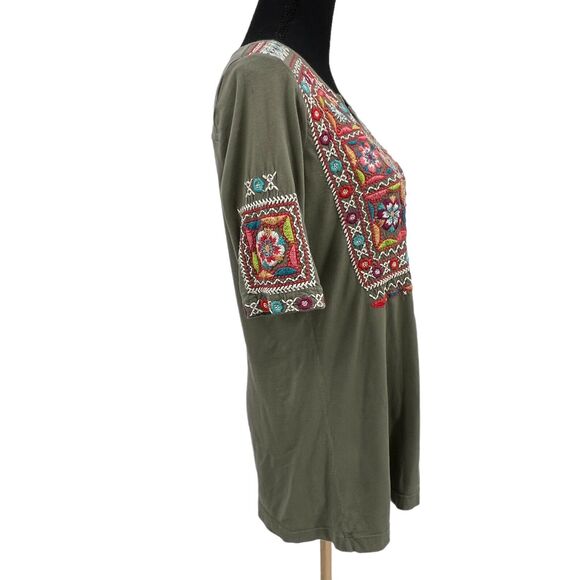 Johnny Was JW Los Angeles Olive Green Floral Embroidered Peasant Blouse Small - Picture 5 of 10